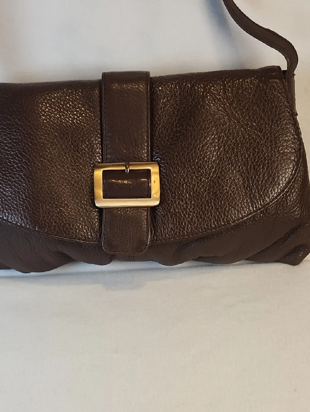 Classic Brown Pebble Genuine Leather Shoulder Bag with Gold Buckle - Picture 2 of 16